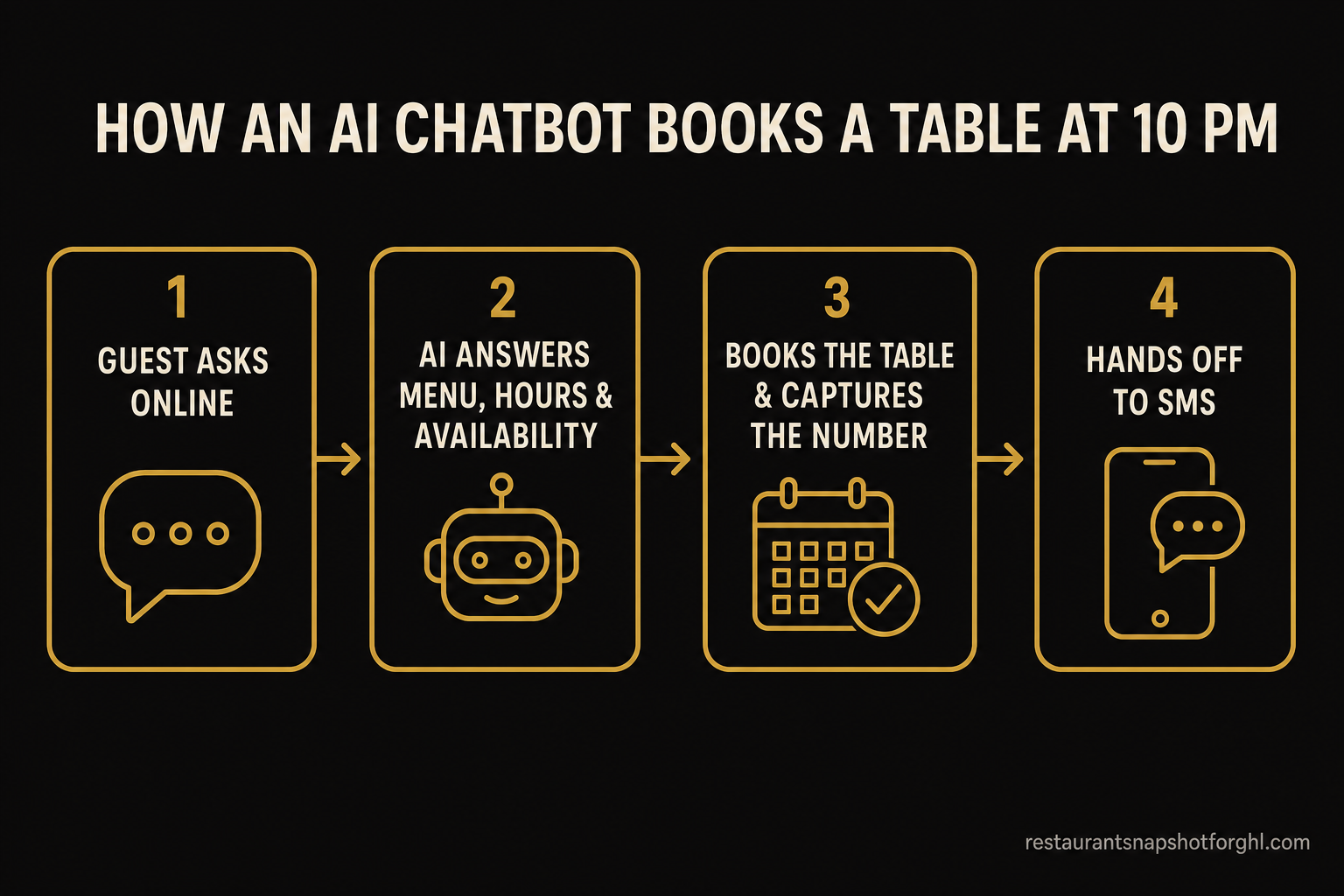 Four-step flow diagram titled How an AI Chatbot Books a Table at 10 PM: step 1 guest asks online, step 2 AI answers menu, hours and availability, step 3 books the table and captures the number, step 4 hands off to SMS.
