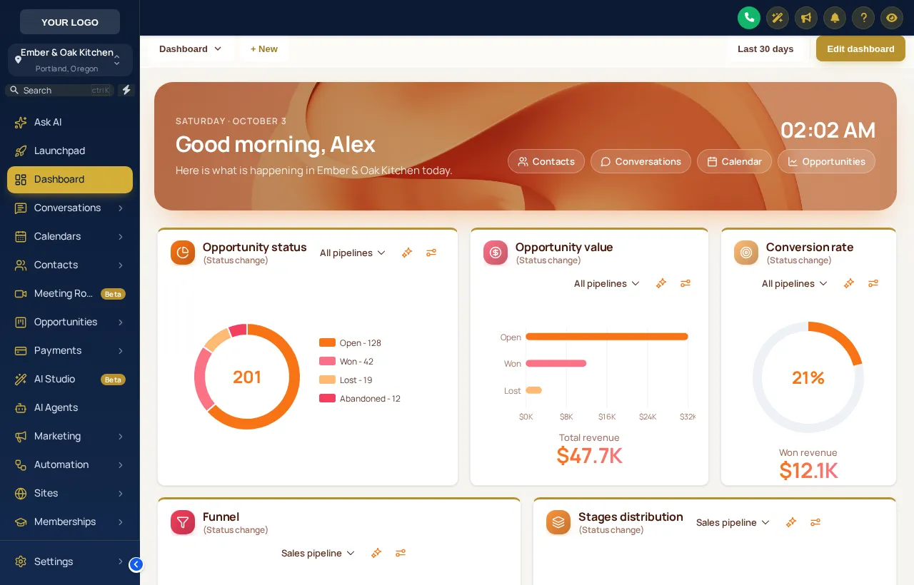 GoHighLevel dashboard in the Liquid 3D design: sculpted peach and coral hero banner, live clock and quick links above the widgets