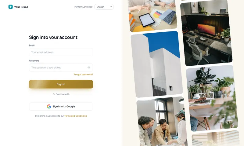 GoHighLevel login page in the Photo wall design: sign-in form on the left, two columns of photos gliding on the right