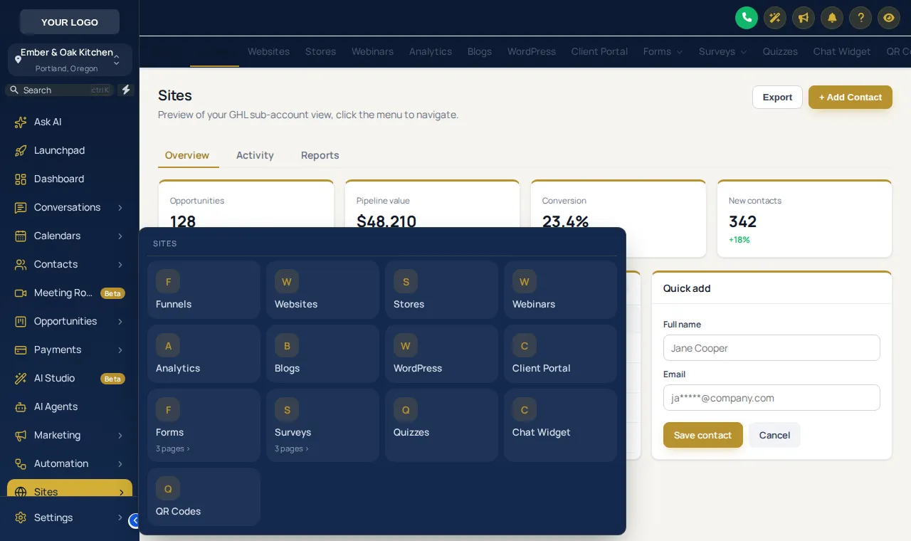 GoHighLevel Sites menu opened as a tiles-style mega menu in the Royal Navy & Gold theme