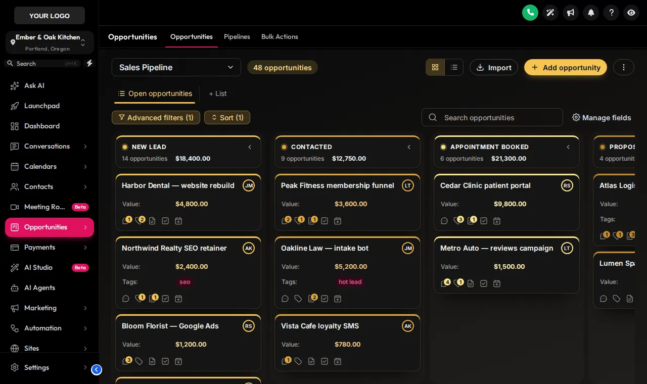 GoHighLevel opportunities board in the dark Obsidian Gold design with gold stage headers