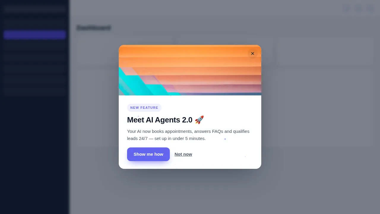 New feature announcement popup inside GoHighLevel over a dimmed dashboard