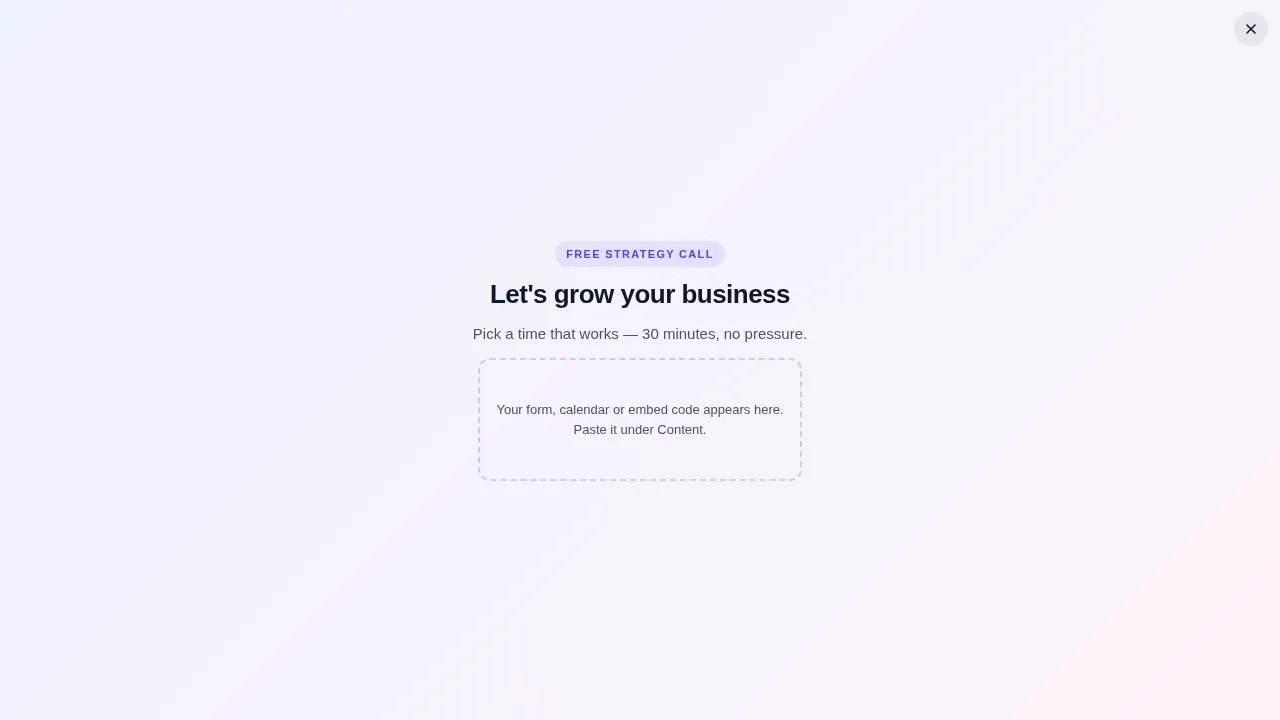 Full-screen booking popup on a sample website inviting visitors to book a time